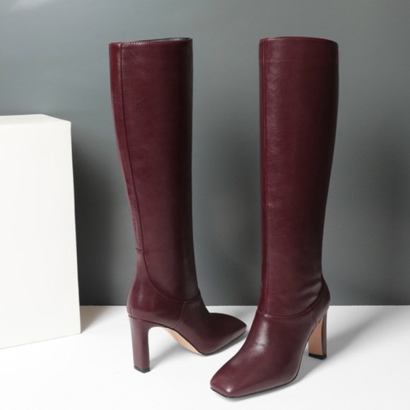 Burgundy knee high heeled boots, size 8 - Picture 2 of 5